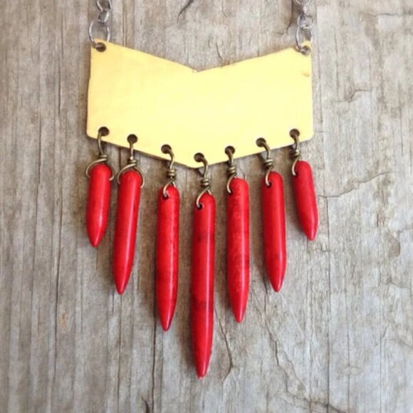 Red Spike Golden Brass Chevron Necklace Handmade Boho Chic - Picture 2 of 4